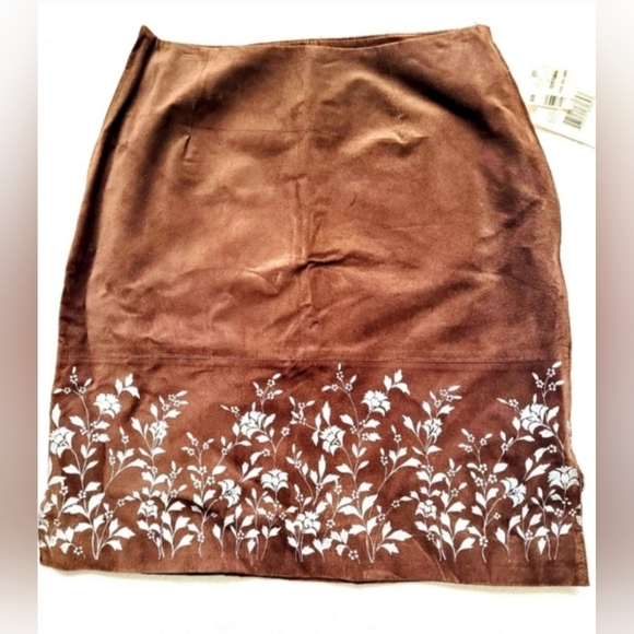 Tyler Boe Women 100% Genuine Suede Leather Skirt Floral Terracotta Cognac/Blue 6 - Picture 2 of 16